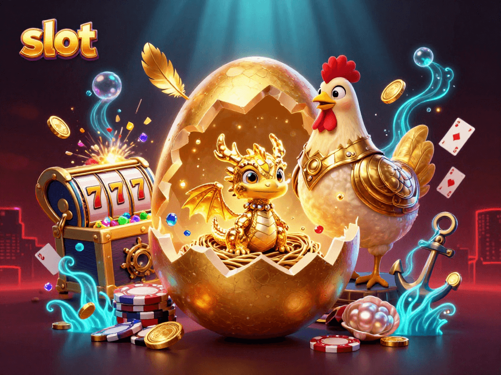 Spin the slot reels and win big with golden dragon and poker chips in this vibrant casino illustration.