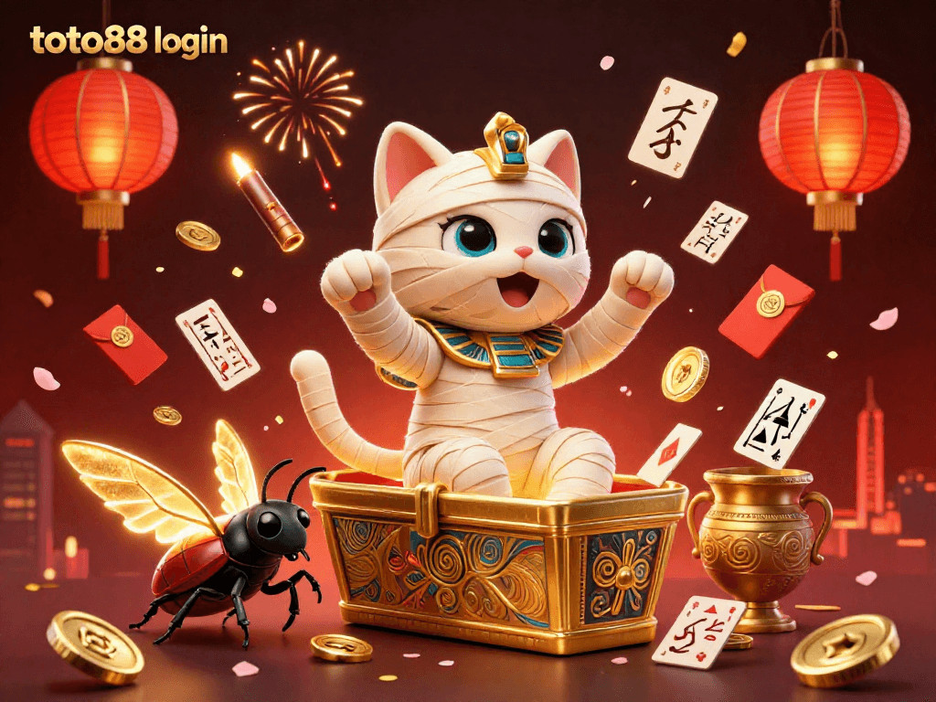 Experience the excitement of toto88 login with a glamorous 3D casino illustration featuring a mummy cat and treasures.