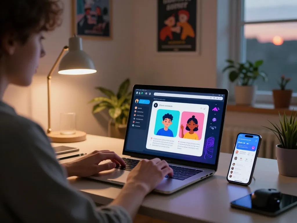 Interactive 18+ AI chat session in a stylish home office, showcasing digital avatars and modern tech.