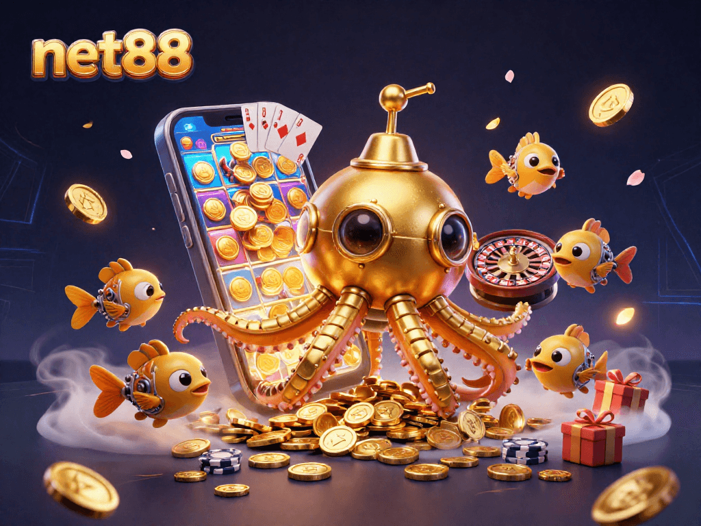 Win big with net88 at a vibrant online casino featuring 3D golden kraken and slot games!