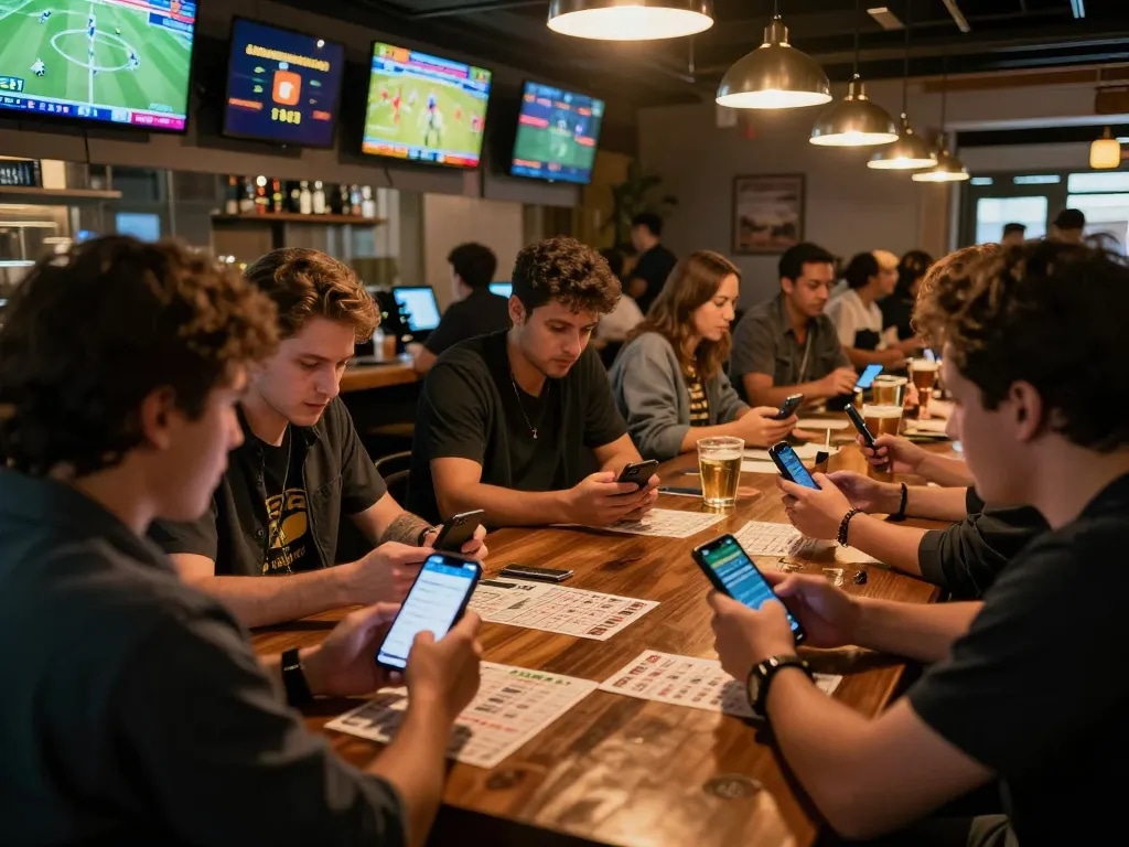 Patrons engaging in sports betting excitement with keonhacai apps and lively screens in a modern bar.