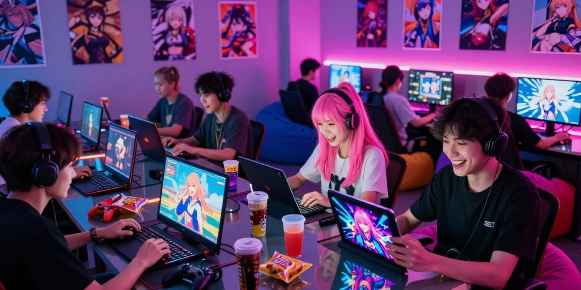 Engaged gamers playing hentai game in a colorful digital lounge with anime decor.