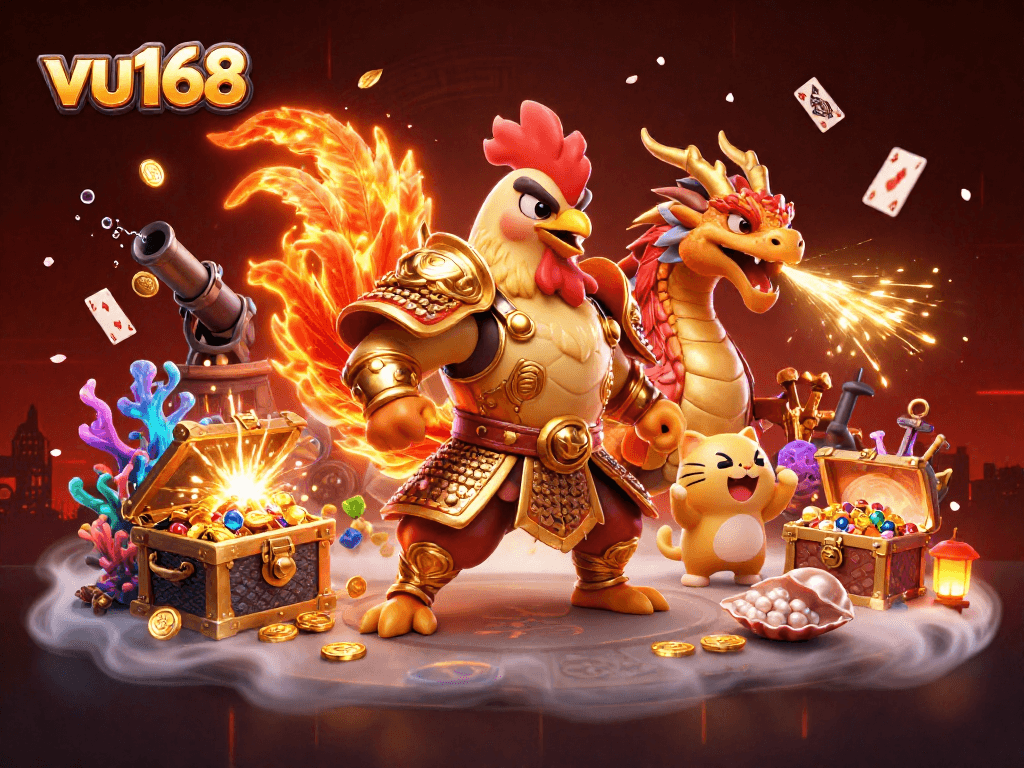 Experience thrilling casino action with vu168 featuring a fighting rooster warrior and a dragon hatchling