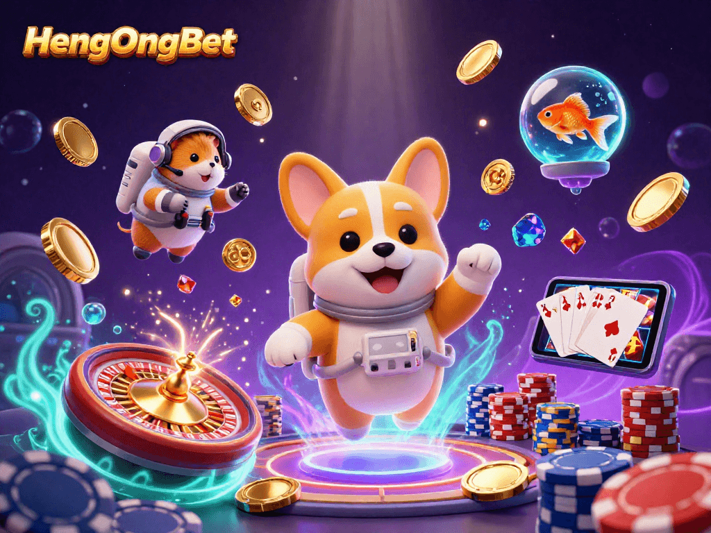 Engage with HengOngBet in a vibrant, animated space casino scene featuring floating characters and gold coins.
