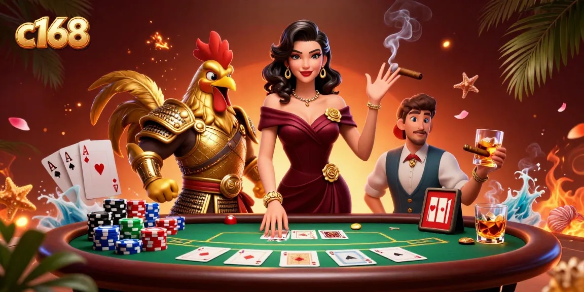 C168 casino scene featuring a glamorous woman and a golden rooster warrior playing poker among vibrant casino elements.