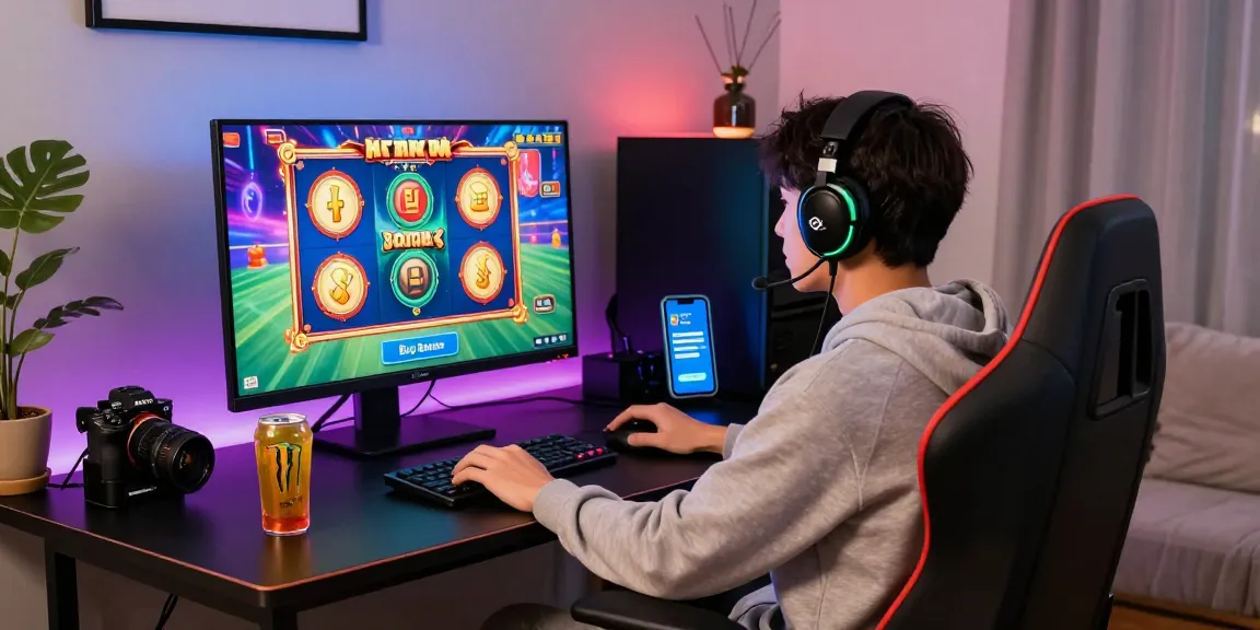 Player engaging with bonus buy slots on a large screen, showcasing dynamic visuals and gaming accessories.