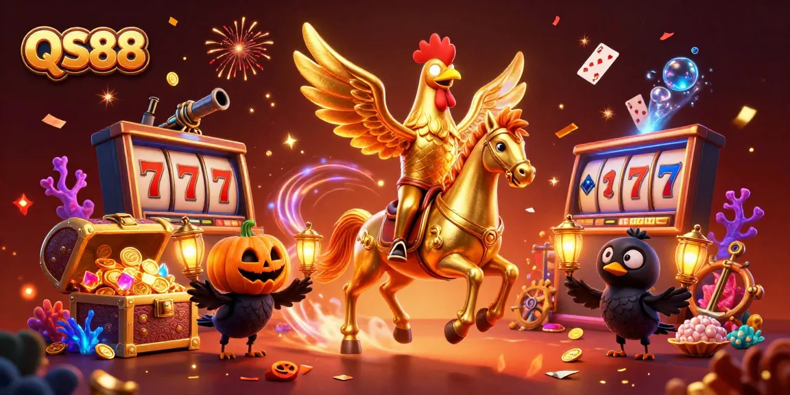 Experience the vibrant QS88 casino with golden rooster, showcasing thrilling slot reels and colorful gems.