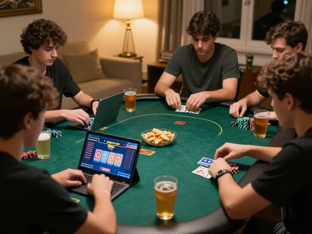 Players engaging in an online Rik vip poker game from home, showcasing strategic gameplay and enthusiasm.