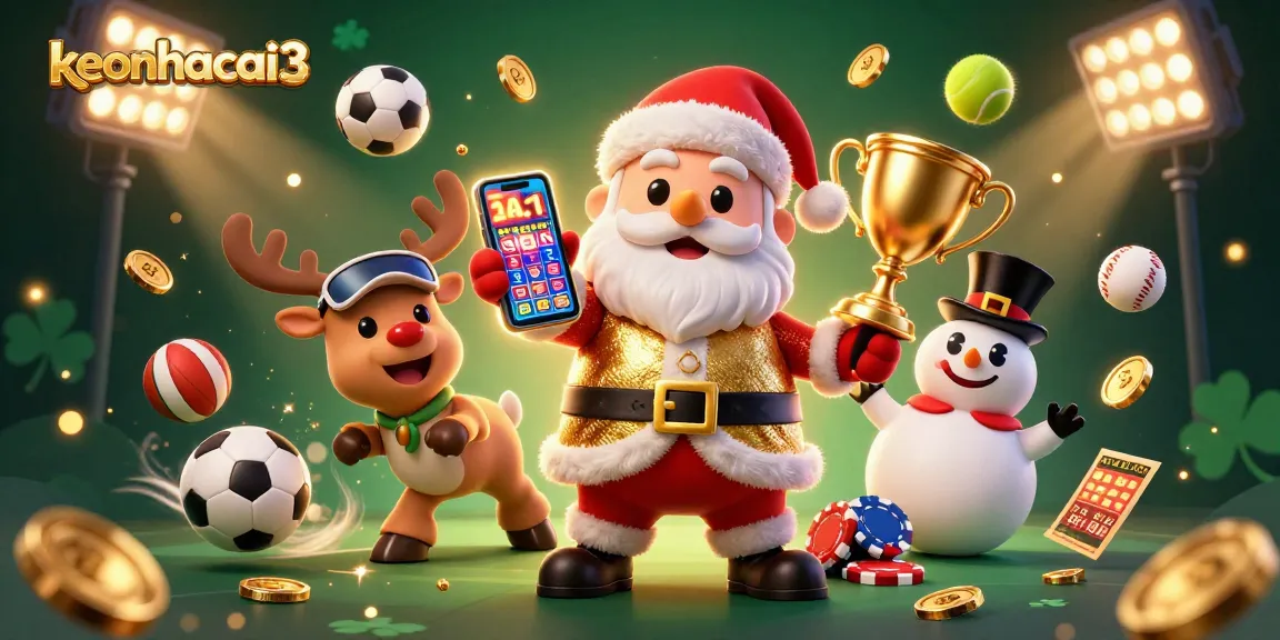 Experience keonhacai3 in this vibrant scene with Santa, reindeer, and a snowman gaming together.