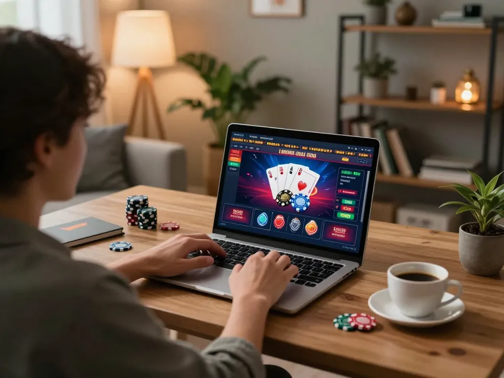 User engaged in online casino gaming at home, exploring ดูหนังใหม่ options on a laptop screen with cards and chips visible.