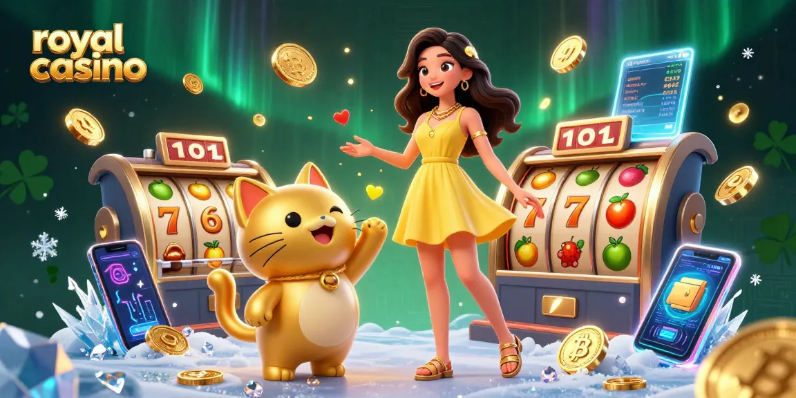 Experience thrilling gameplay at royal casino with vibrant characters, slot reels, and golden tokens.