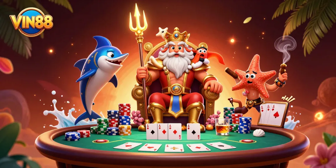 Experience thrilling poker action with VIN88, featuring Neptune and samurai in a dynamic casino scene.
