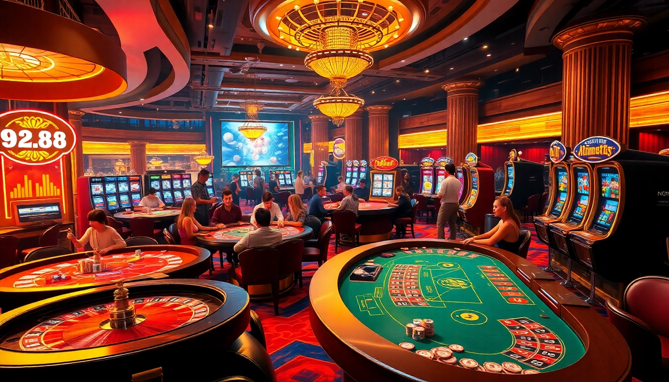 Engaged gamblers enjoying vibrant table games and slots at HM88 casino.