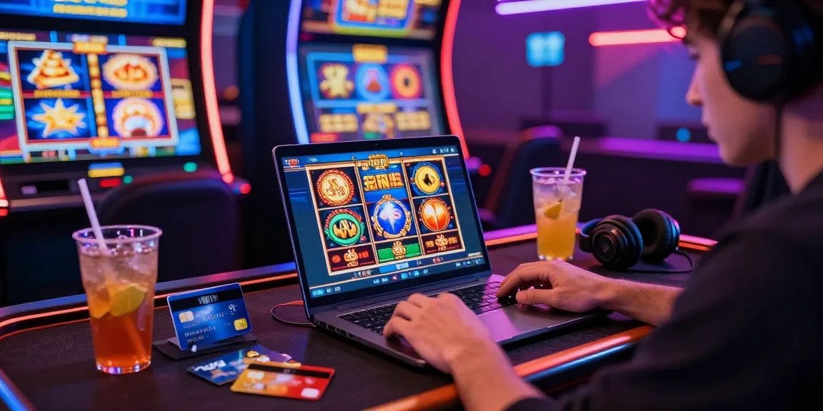 Exciting scene of a player using credit card casinos with Visa and Mastercard, engaging in vibrant online slot games and gaming accessories.