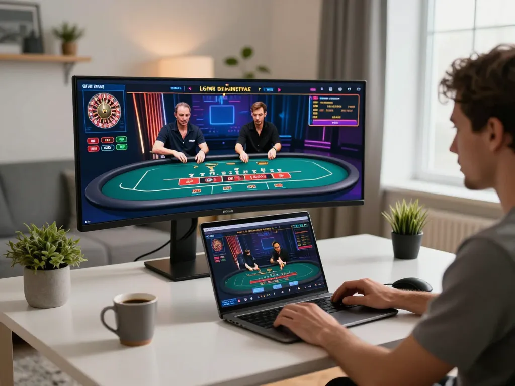 Person playing live dealer games on VIN777 in a cozy home office, showcasing online gambling action