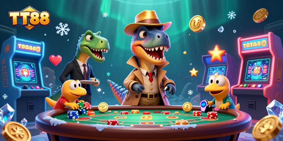 Watch TT88’s clever velociraptor card counter clash with a stegosaurus pit boss at a vibrant casino