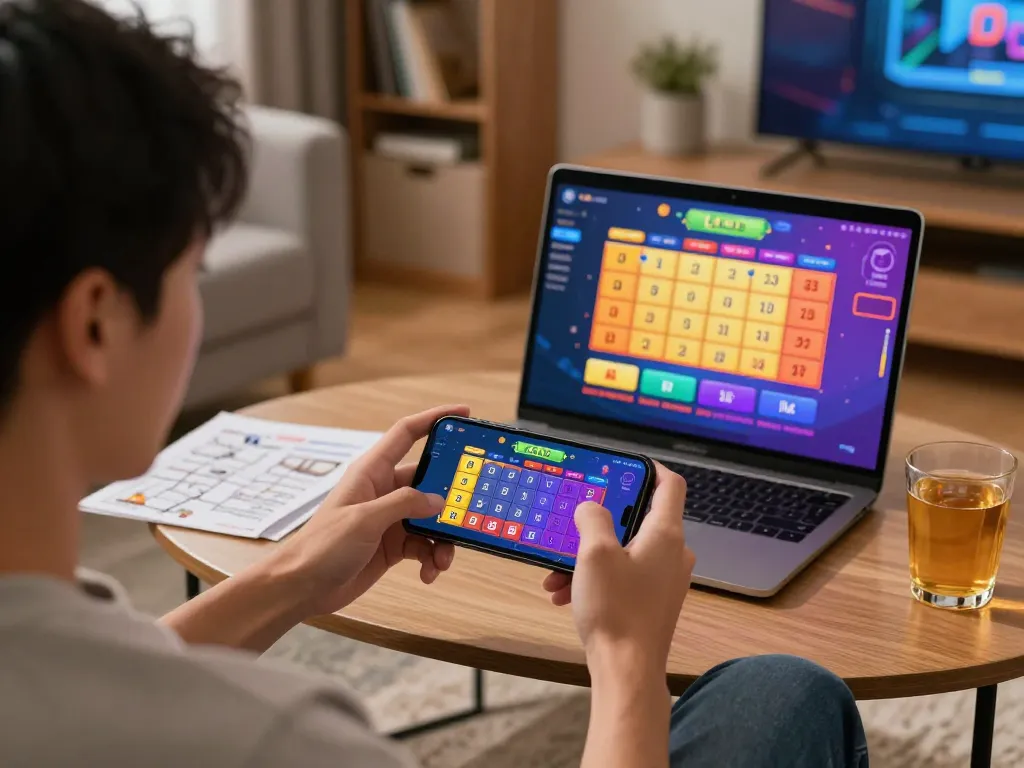 Engaging in lô đề online gaming on smartphone, showcasing betting strategies in a cozy home setting