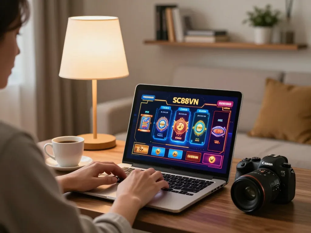 Engaging in SC88VN online gaming with a laptop and vibrant casino visuals.