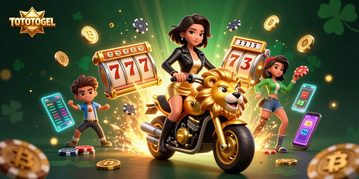 Engage with the thrilling TOTOTOGEL slot experience featuring a lavish illustration of an Asian woman riding a golden lion mascot.