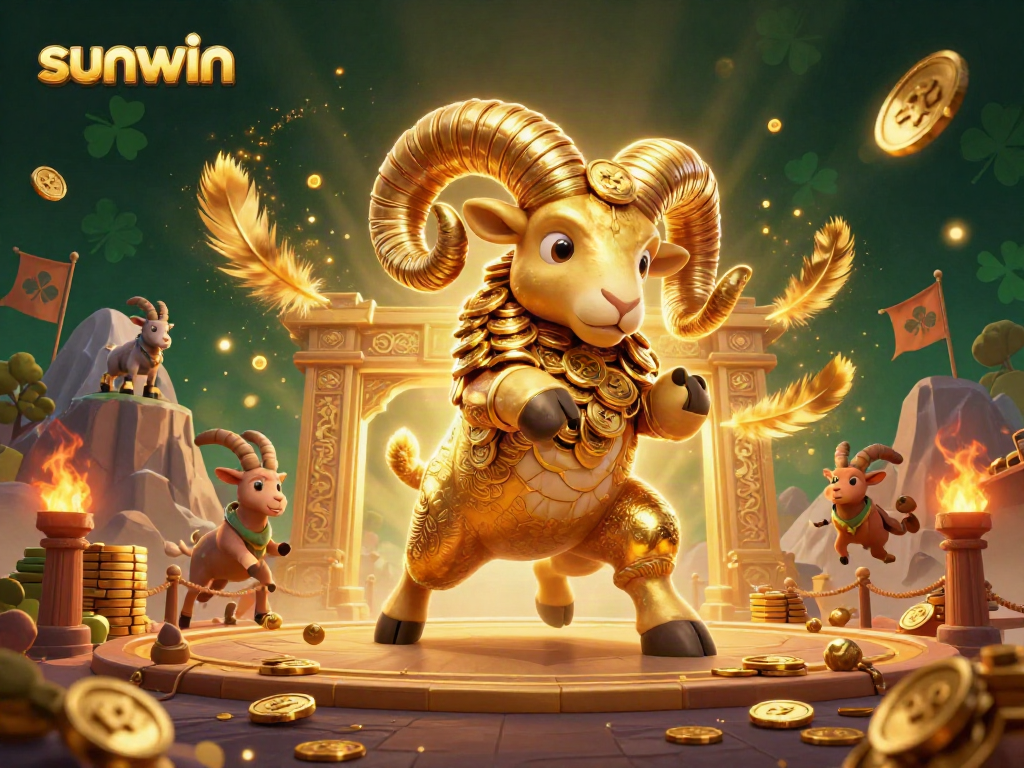 Engage in thrilling action at Sunwin's casino featuring a golden ram charging through a majestic gate.