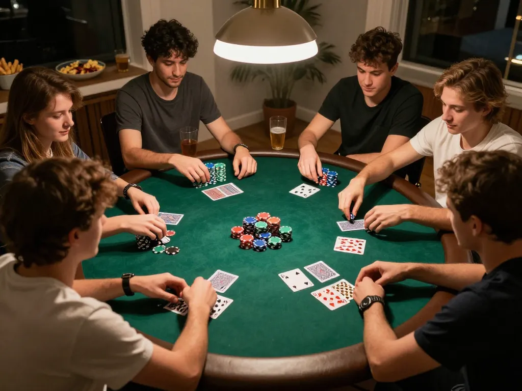 Enjoying a home poker night with friends featuring slot gacor action and vibrant gameplay.