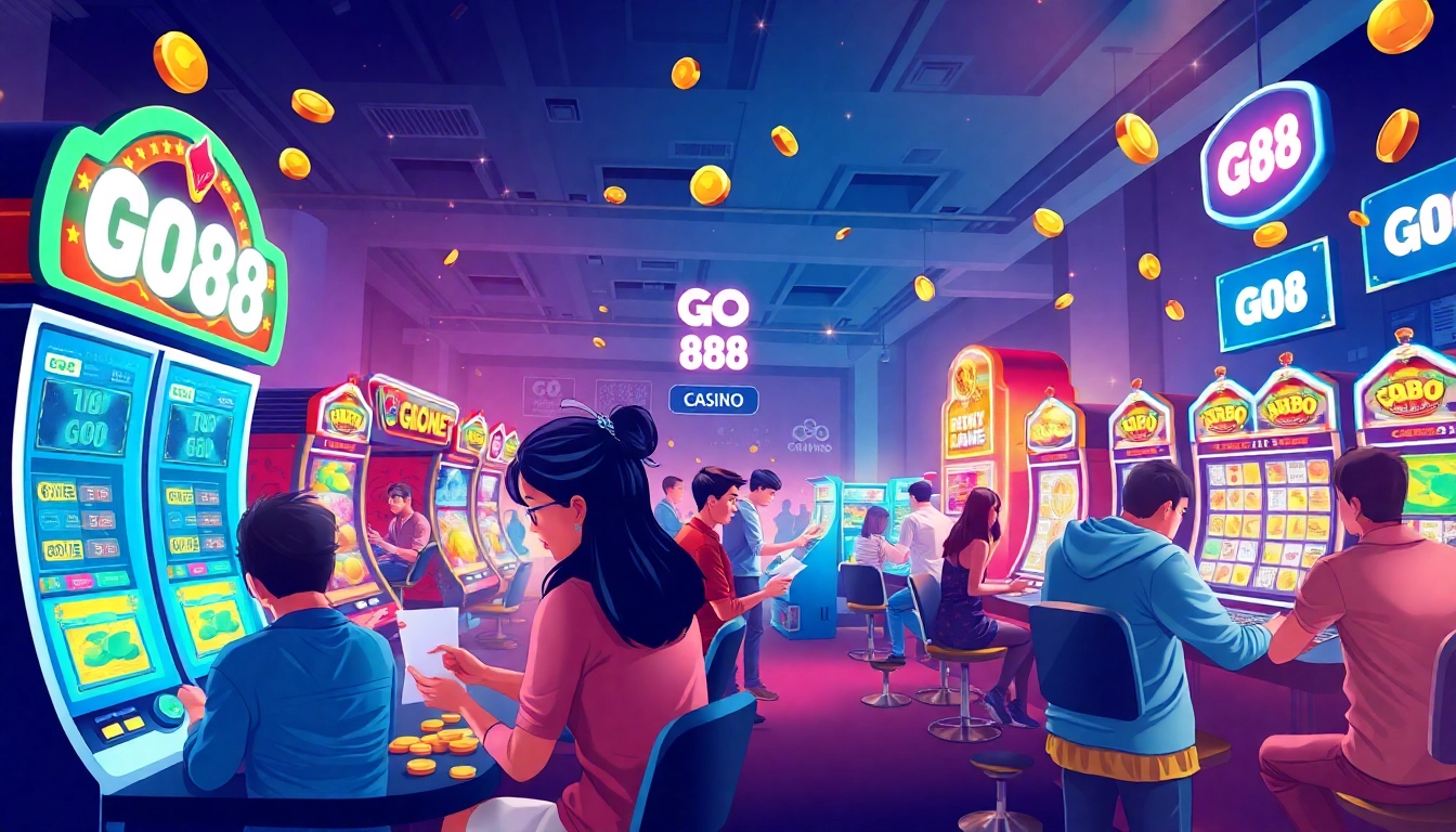 Exciting gaming scene at GO 88 featuring diverse players in action with vibrant colors and dynamic elements.