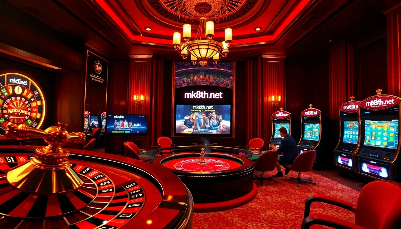 Players enjoying a thrilling game at mk8th.net's luxurious casino featuring roulette and poker tables.