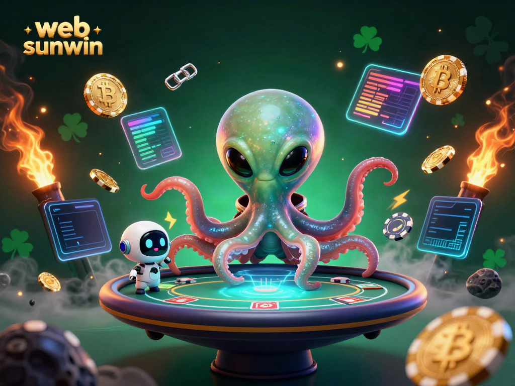 Win big with web sunwin at a cosmic holographic casino featuring an alien octopus dealer and crypto elements.