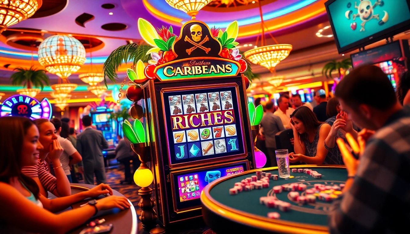 Players enjoying Caribbean Riches เล่นง่าย at a vibrant casino, surrounded by colorful decorations and excitement.
