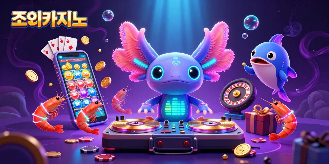 Join the excitement at 조이카지노 with a vibrant casino scene featuring colorful cartoon characters and game elements.