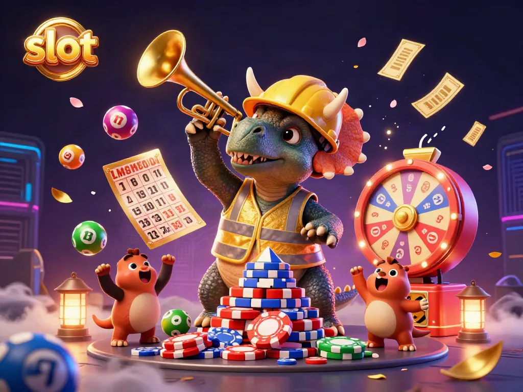 Engaging slot-themed illustration showcasing a triceratops building poker chip pyramid amidst vibrant gaming elements and a festive atmosphere.