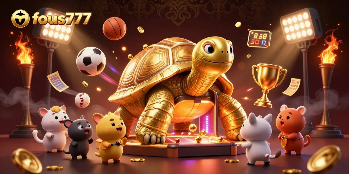 Experience thrilling betting action with fokus777 in a vibrant casino scene featuring golden tortoise and sports elements.