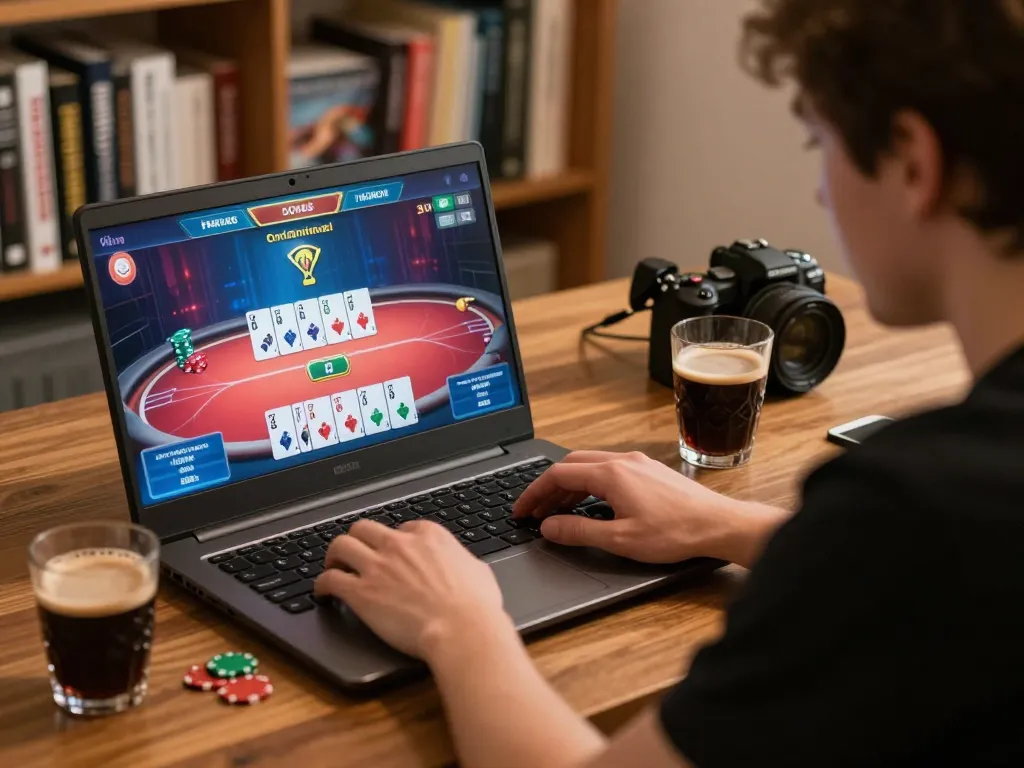 Play Iwin net poker online from home, engaging in strategy and personal entertainment at a cozy desk setup.