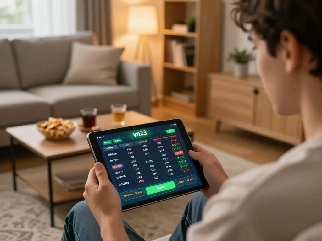 Person intensely using the vn23 app for online gambling, showcasing a warm, strategic atmosphere in a cozy living room.