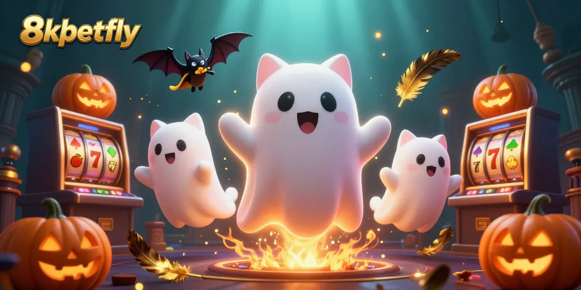 Engage in thrilling gaming moments with 8xbetfly's lively ghost cat and its bat companion amidst the slot machines.