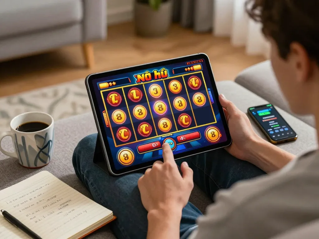 Engaging in Nổ hũ LUCK8 at home, a player spins the tablet slot reels with excitement.