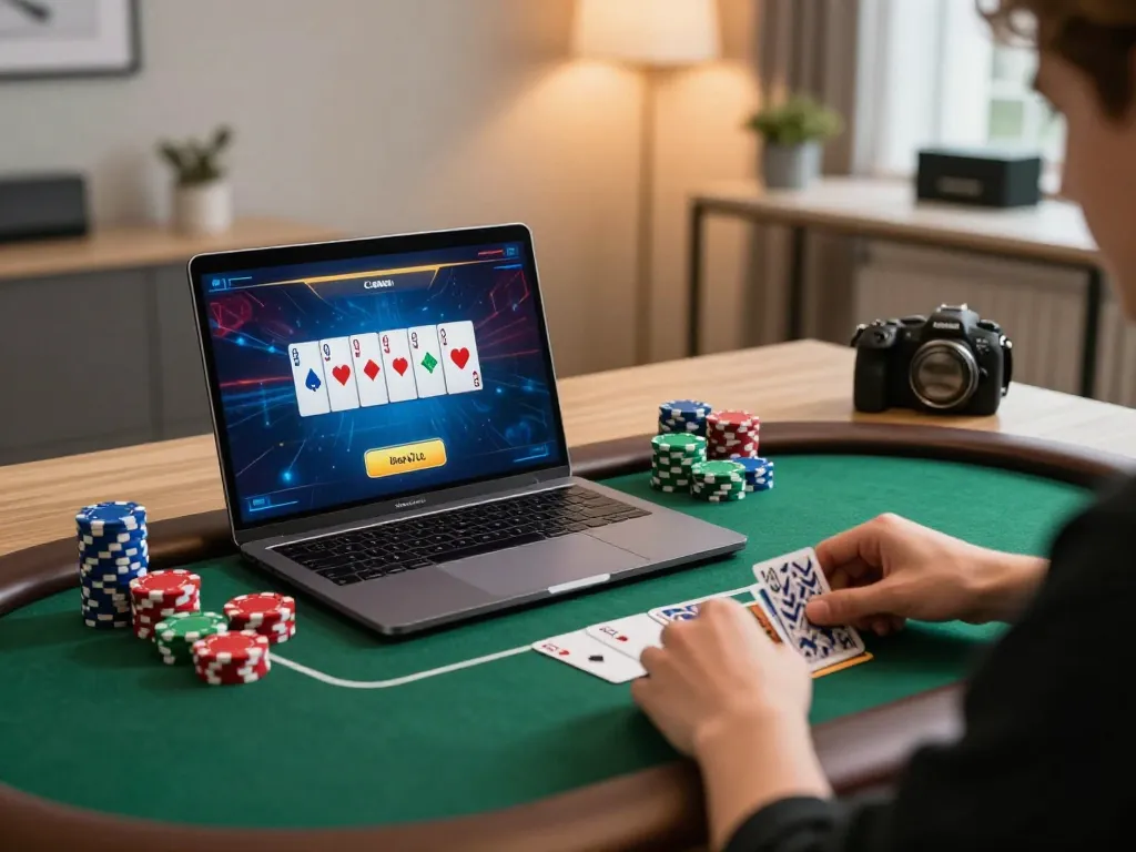 Experience exhilarating online poker gameplay with 8xbet on a sleek laptop setup