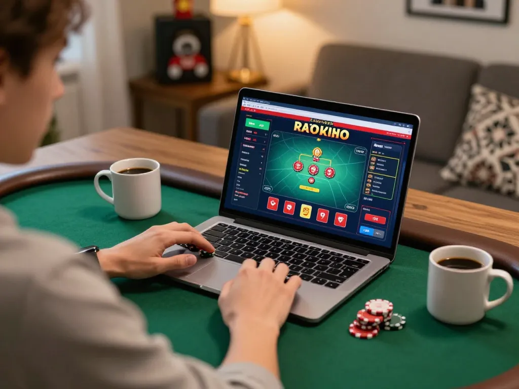 Player engaging in online GO88 poker game at home, showcasing interactive interface and cozy setup.
