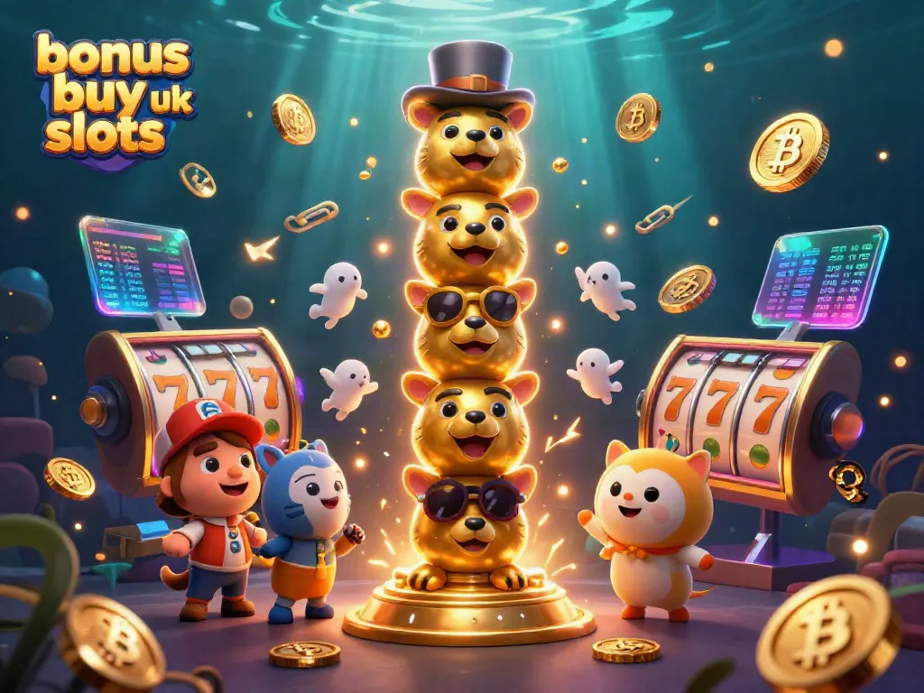 Play exciting bonus buy slots UK with a dynamic and colorful 3D casino scene featuring animated totem poles and digital coins.