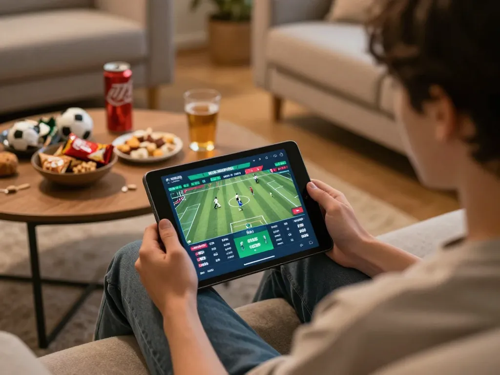 Engaging scene of online sports betting at home, featuring trang cá cược bóng đá on tablet amidst casual comforts.