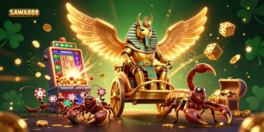 Experience the thrill of winning with SAWA888's ultra-detailed casino illustration showcasing vibrant gameplay and rich symbols.