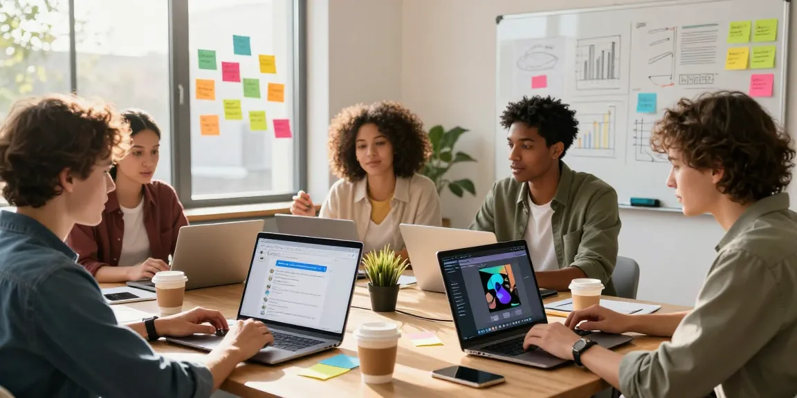 Collaborative workspace discussing nsfw ai technology with diverse team members and laptops.
