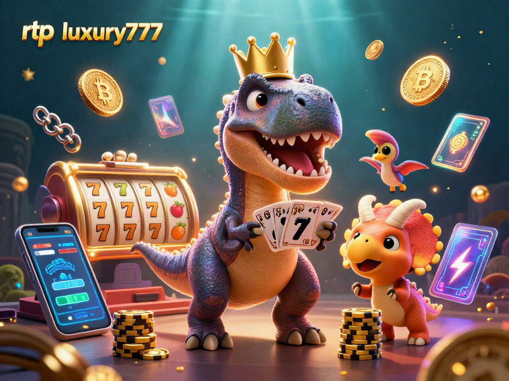 Gambarlah rtp luxury777 saat T-Rex bermain kartu, dengan koin crypto dan slot bersinar di sekitarnya.