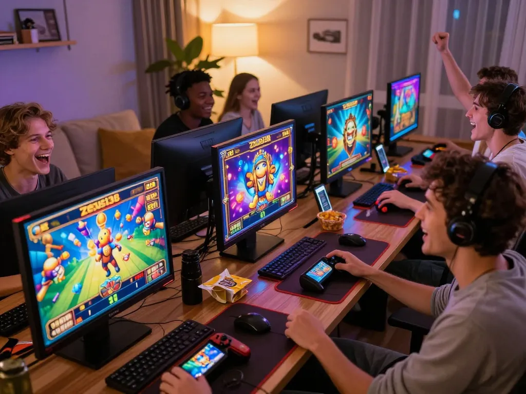 Players enjoying exciting slot games on Zeus138, capturing the thrill of online gambling.