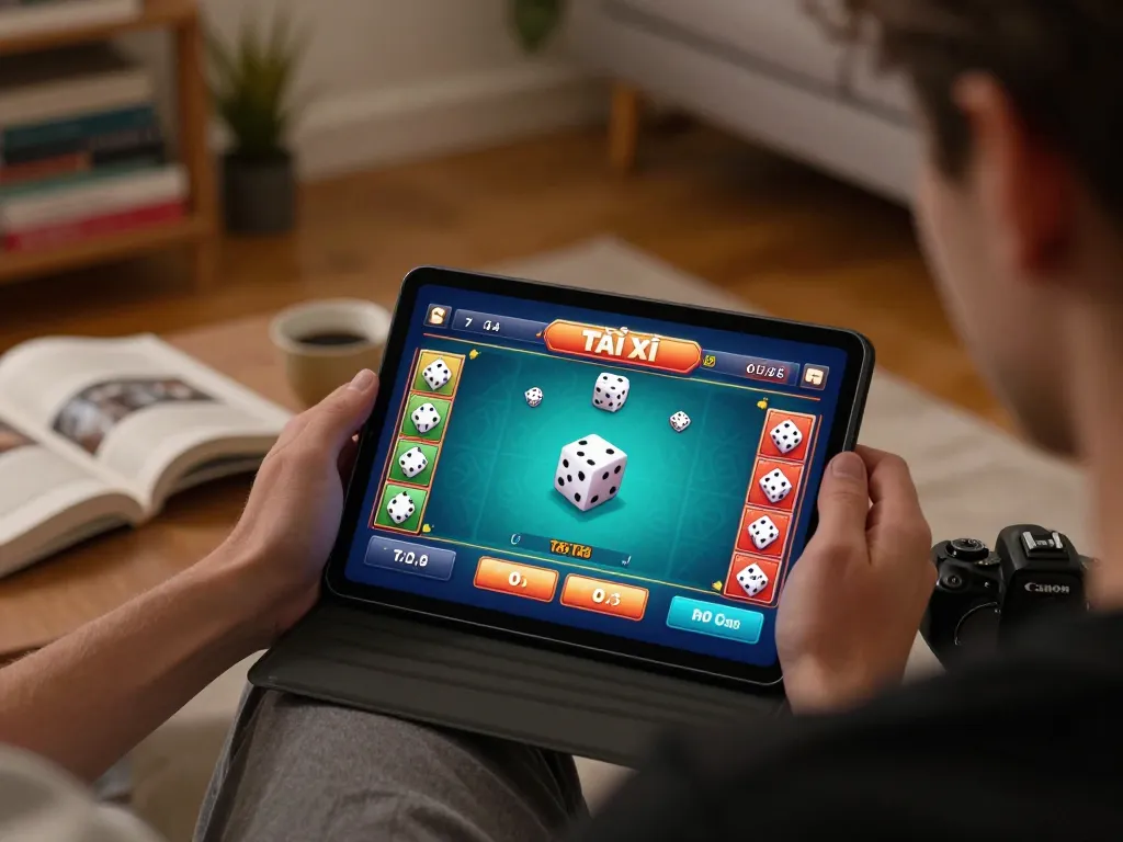 Tài xỉu online gameplay on a tablet in a cozy home setting, showcasing an engaging gaming experience.