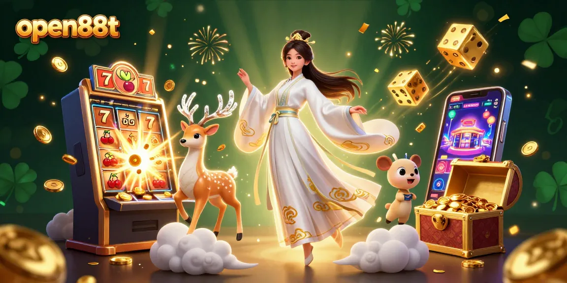 Spin the reels at open88t with a stunning illustration of a casino scene featuring jackpots and vibrant 3D elements.