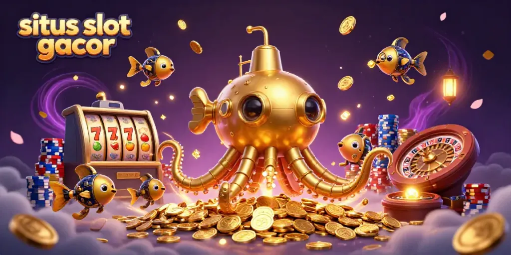 Engage with situs slot gacor, showcasing a golden kraken submarine amid cascading coins and vibrant slot reels.