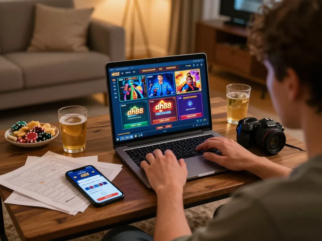 Engaging in online gameplay on dh88 betting app at a cozy home setup.