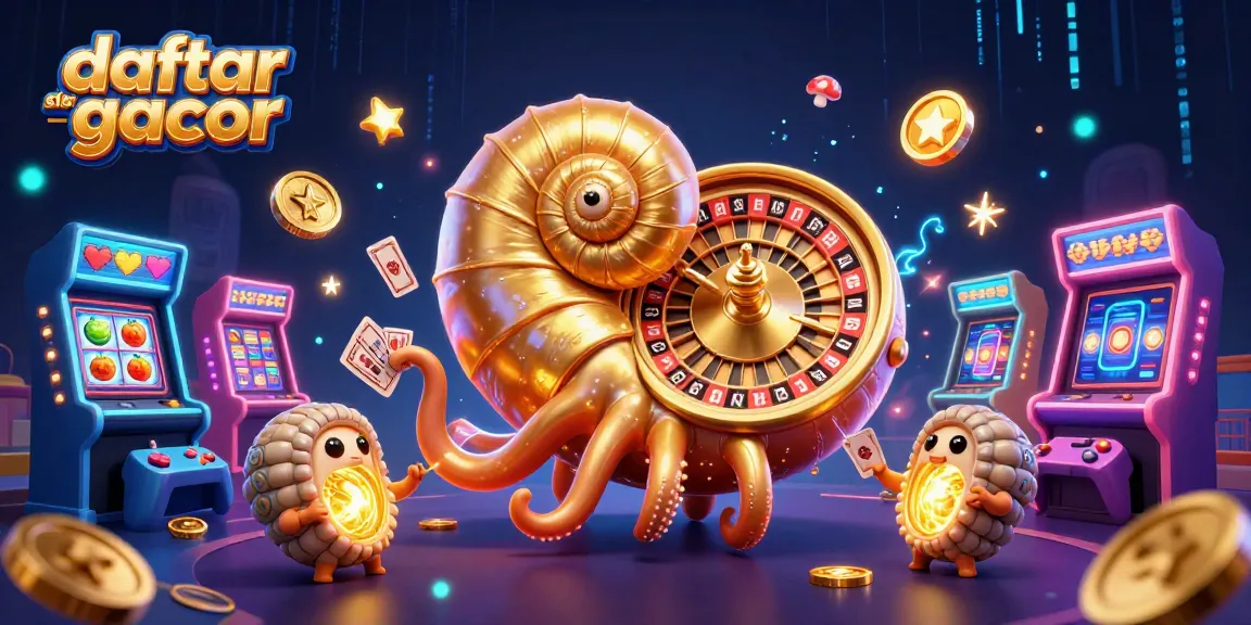 Engage with daftar slot gacor featuring a nautilus roulette, glowing arcade machines, and vibrant game elements.