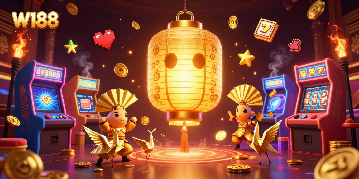 Experience exciting gameplay with W188's vibrant casino scene featuring golden lanterns and arcade games.